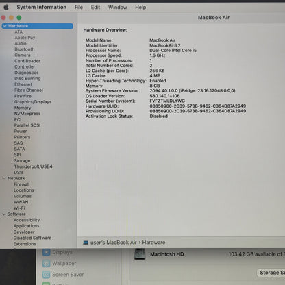 2019 Apple MacBook Air 13.3" i5 1.6GHz 8GB RAM 128GB SSD Space Gray A1932
