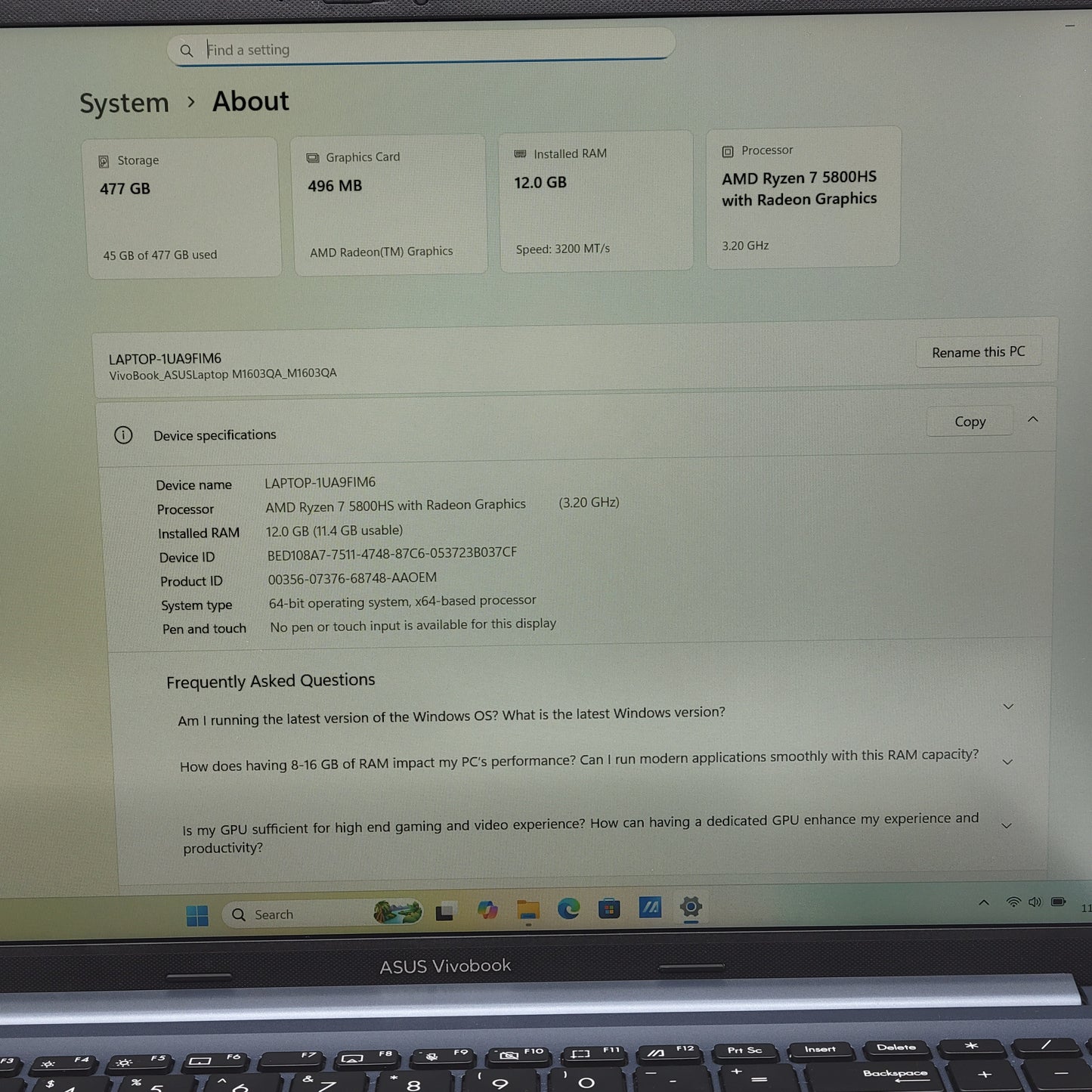 Asus Vivobook 15 M1603Q 15.6" Ryzen 7 5800HS 3.2GHz 12GB RAM 512GB SSD