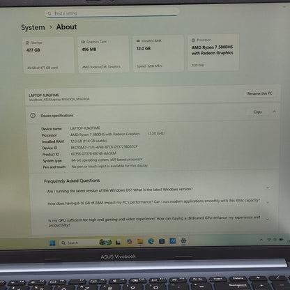 Asus Vivobook 15 M1603Q 15.6" Ryzen 7 5800HS 3.2GHz 12GB RAM 512GB SSD