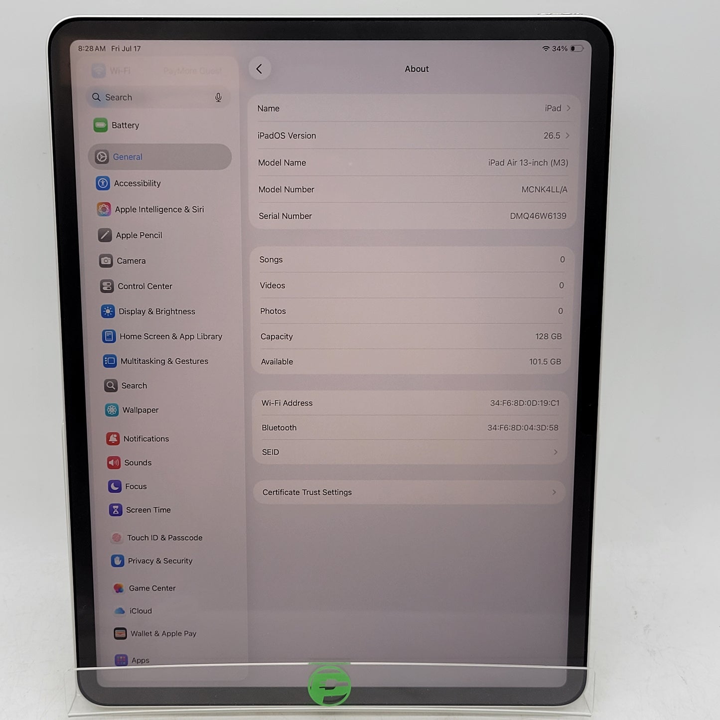 WiFi Only Apple iPad Air 13" M3 128GB Starlight MCNK4LL/A