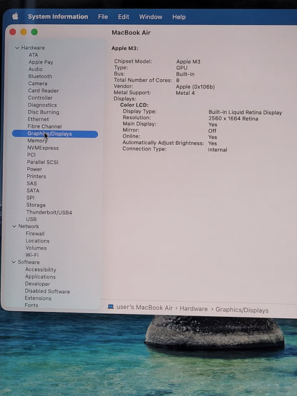 2024 Apple MacBook Air 13.6" M3 8C GPU 4.0GHz 8GB RAM 256GB SSD A3113