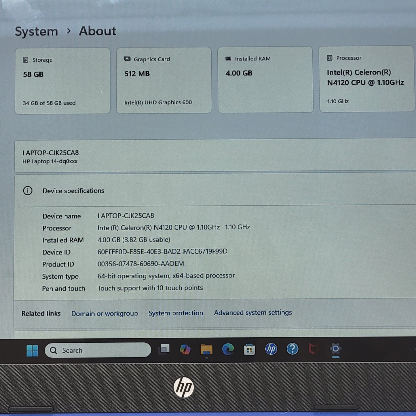 HP NoteBook 14-DQ0050NR 14.4" Celeron N4120 1.1GHz 4GB RAM 64GB SSD