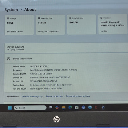 HP NoteBook 14-DQ0050NR 14.4" Celeron N4120 1.1GHz 4GB RAM 64GB SSD