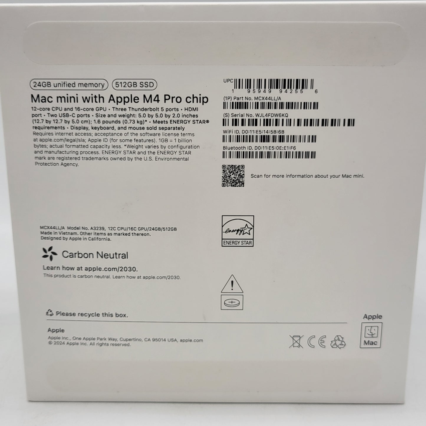 2024 Apple Mac Mini M4 Pro 4.4GHz 24GB RAM 512GB SSD Silver A3239