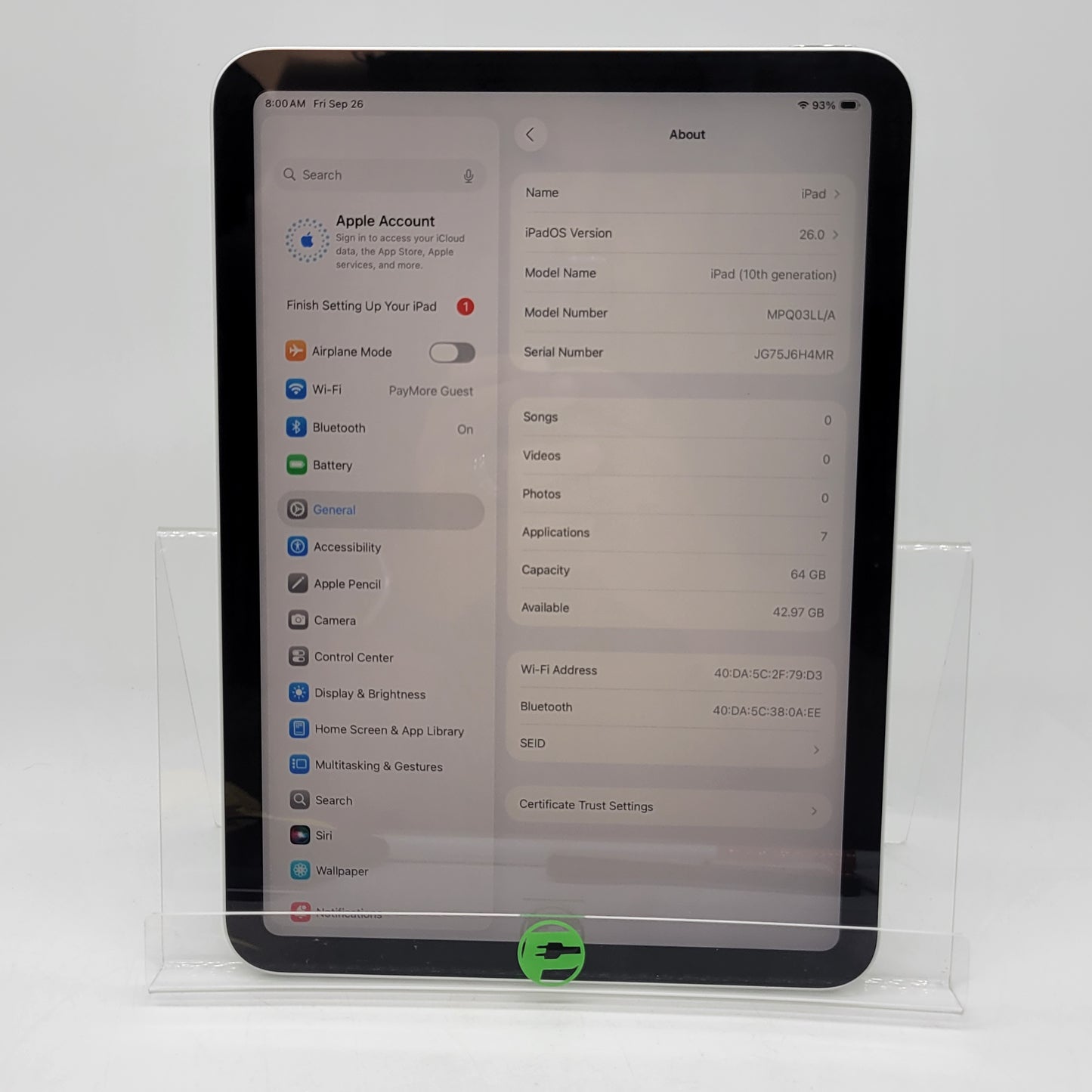 WiFi Only Apple iPad 10th Gen 64GB Silver MPQ03LL/A