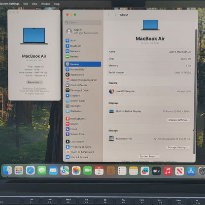 2024 Apple MacBook Air 13.6" M3 8C GPU 4.0GHz 8GB RAM 256GB SSD A3113