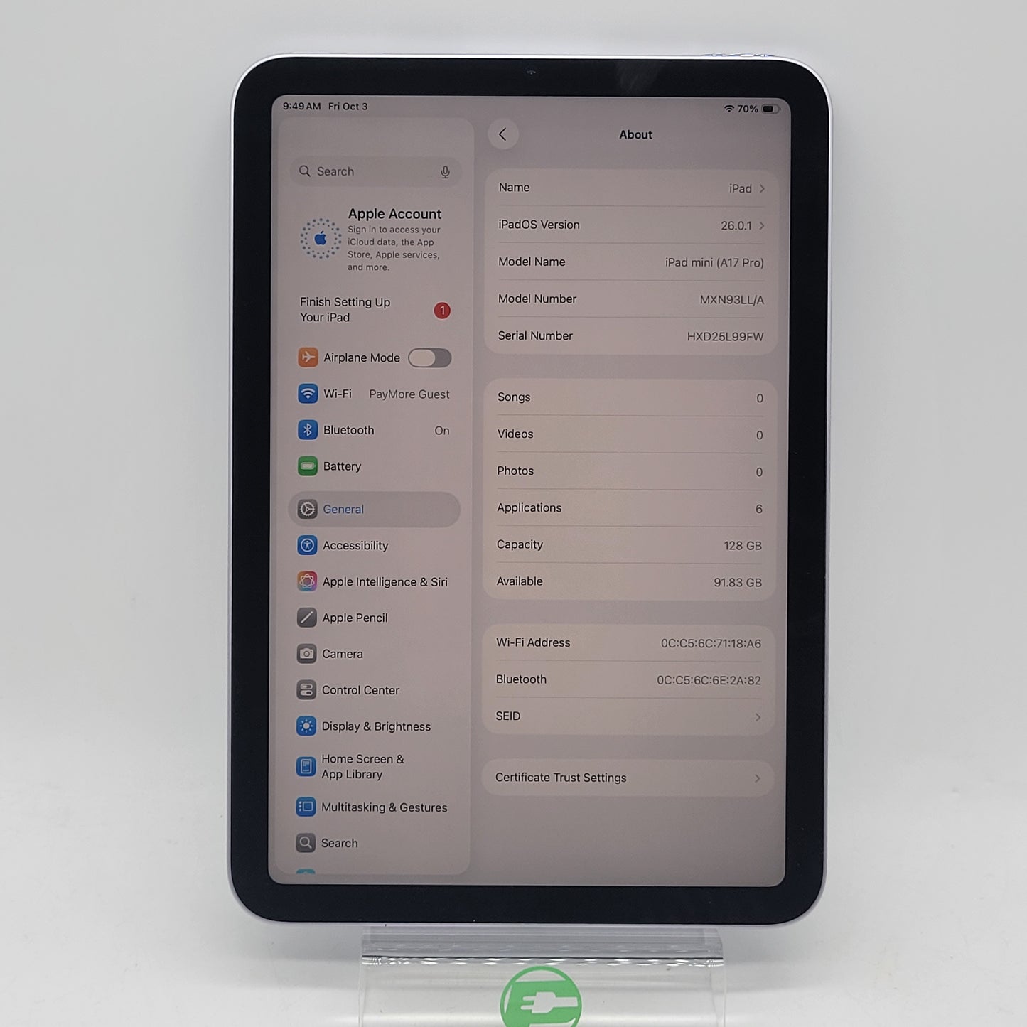 WiFi Only Apple iPad mini (A17 Pro) 128GB Purple MXN93LL/A