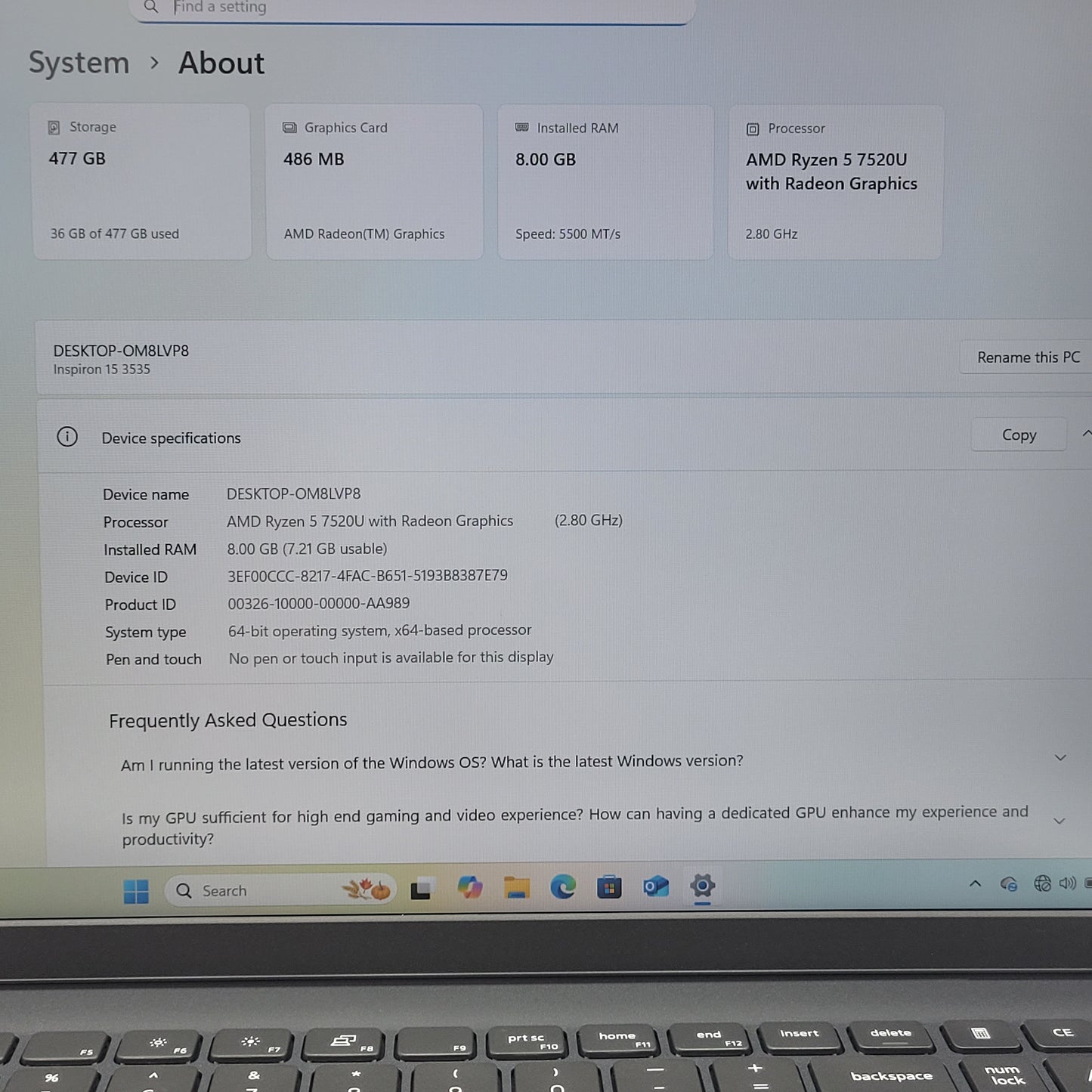 Dell Inspiron 15 3535 15.6" Ryzen 5 7520U 2.8GHz 8GB RAM 512GB SSD