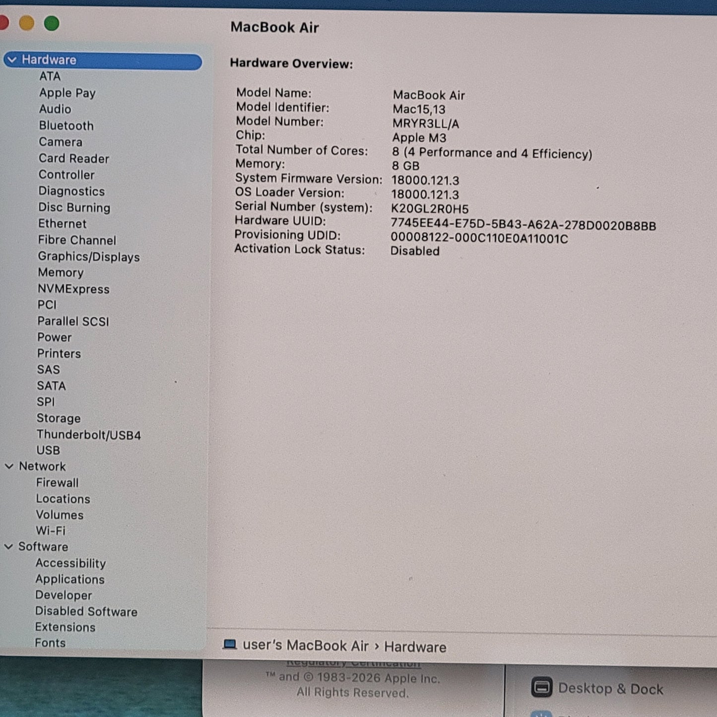 2024 Apple MacBook Air 15" M3 8C GPU 4.0GHz 8GB RAM 256GB SSD A3114