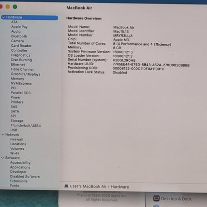 2024 Apple MacBook Air 15" M3 8C GPU 4.0GHz 8GB RAM 256GB SSD A3114