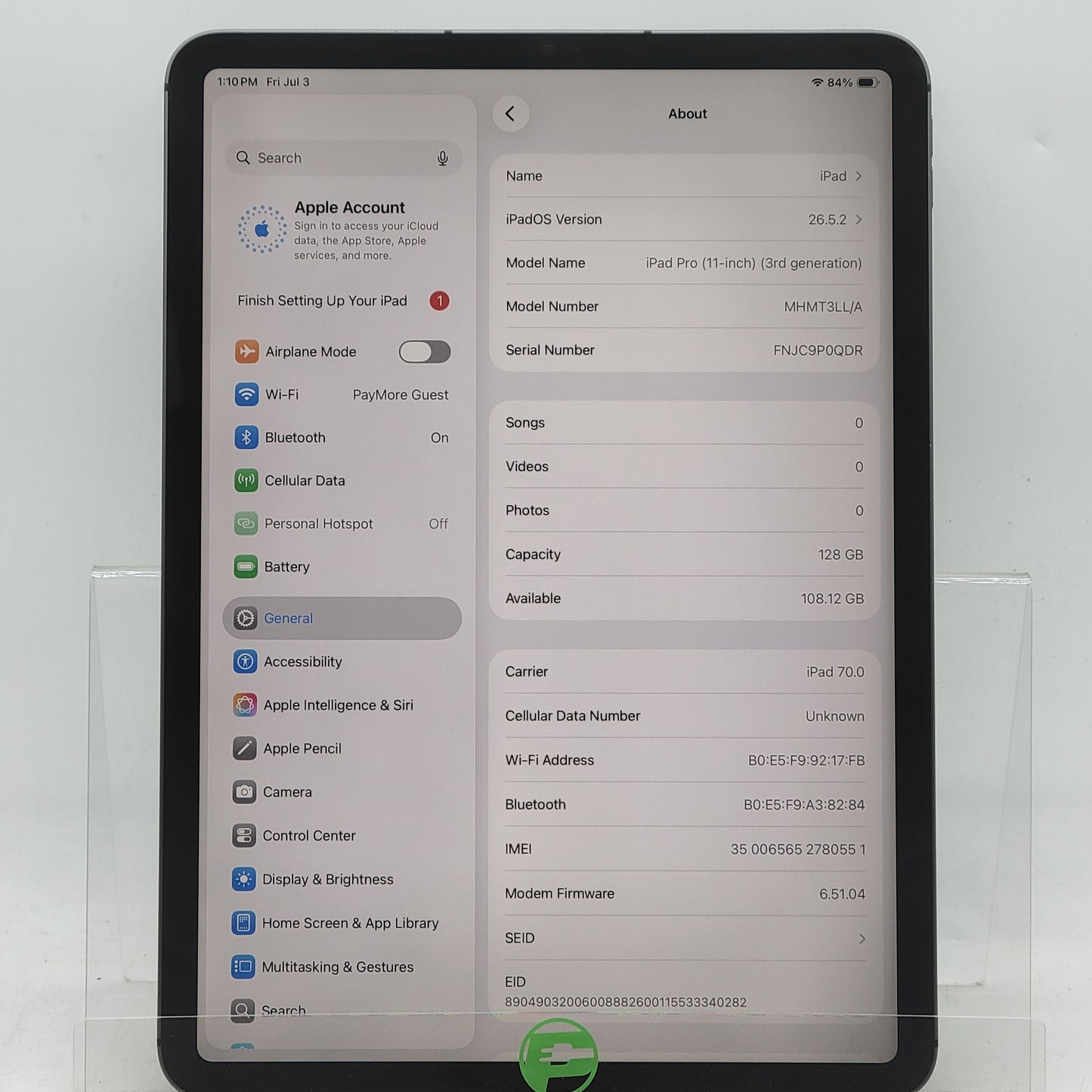 WiFi Only Apple iPad Pro 11" 3rd Gen 128GB Space Gray MHMT3LL/A