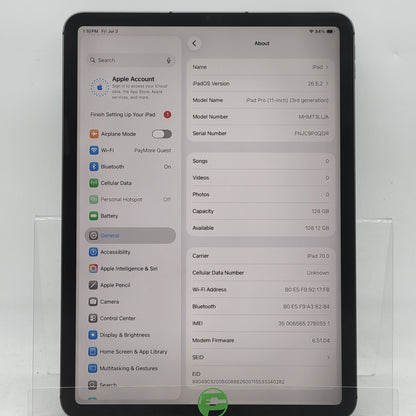WiFi Only Apple iPad Pro 11" 3rd Gen 128GB Space Gray MHMT3LL/A