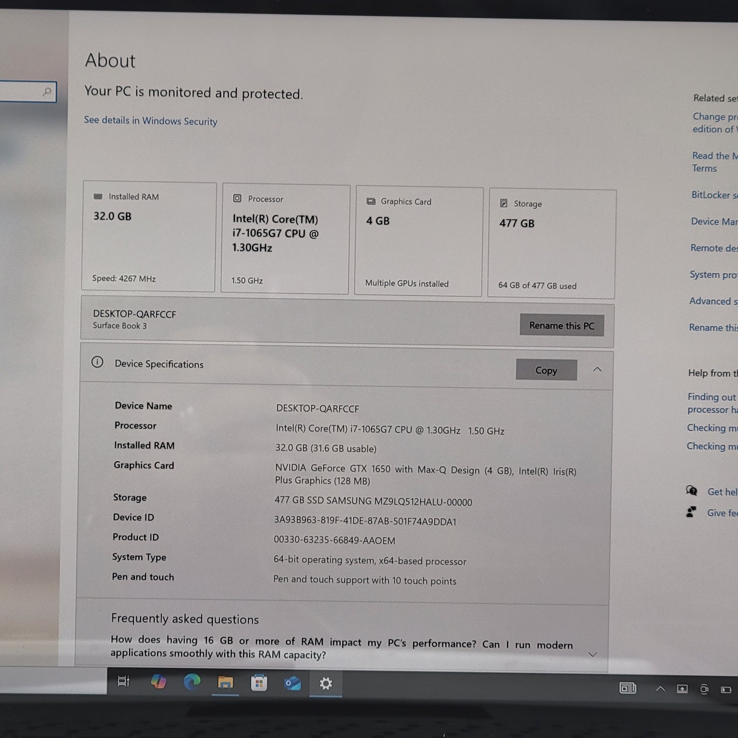 Microsoft Surface Book 3 1899 i7-1065G7 1.3GHz 32GB RAM 512GB SSD GTX 1650 Max-Q