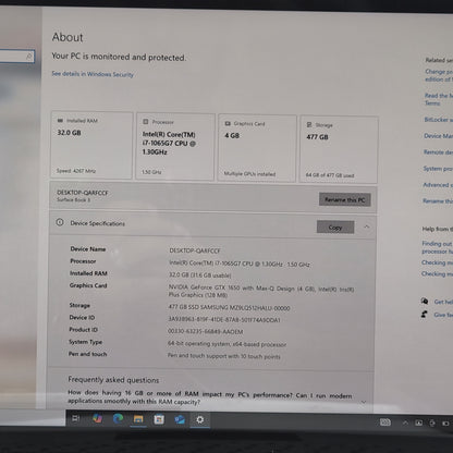 Microsoft Surface Book 3 1899 i7-1065G7 1.3GHz 32GB RAM 512GB SSD GTX 1650 Max-Q