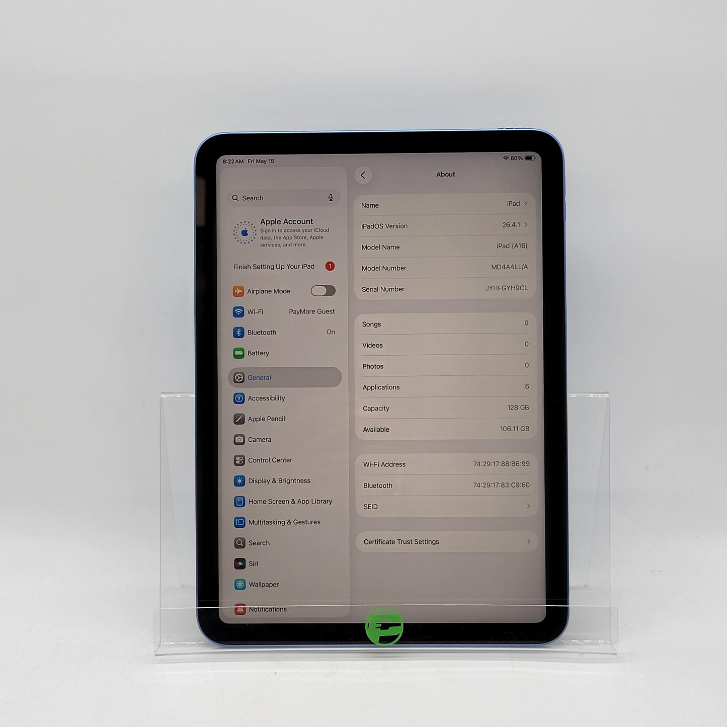 WiFi Only Apple iPad 11" (A16) 128GB Blue MD4A4LL/A