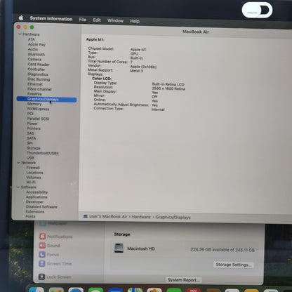 2020 Apple MacBook Air 13.3" M1 7 Core 3.2GHz 8GB RAM 256GB SSD A2337