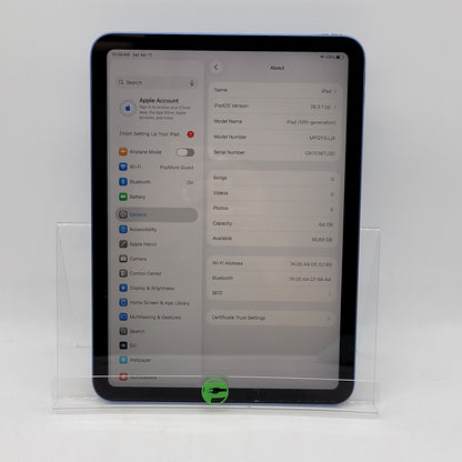 WiFi Only Apple iPad 10th Gen 64GB Blue MPQ13LL/A