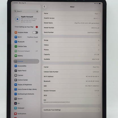 Factory Unlocked Apple iPad Pro 12.9" 4th Gen 512GB Silver MXG12LL/A
